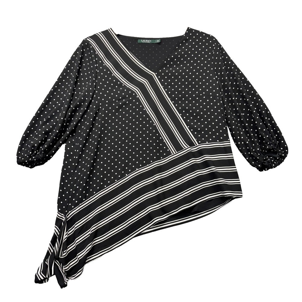 Lauren‎ Ralph Lauren Blouse Womens L Black Polka Dot Striped Asymmetrical Top